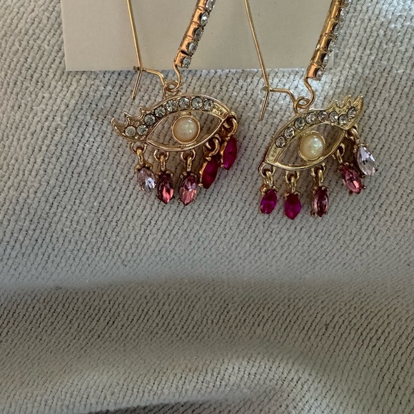 Betsey Johnson Gold Eye Earrings with Pink and Red Accents - Picture 2 of 3